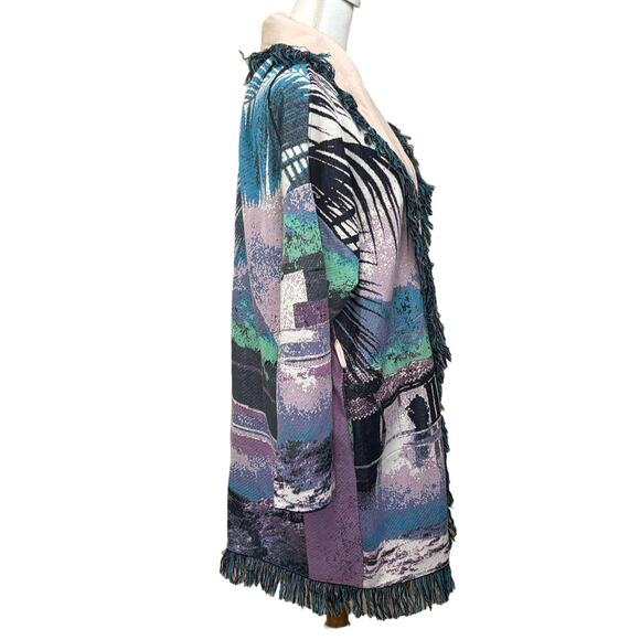 Aldo Martins for Anthropologie Blue Sunset Print fringed jacket, large, eclectic - Picture 2 of 5